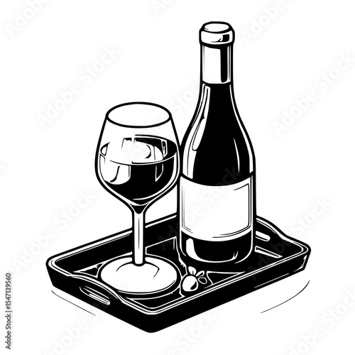 Wine bottle and glass on tray