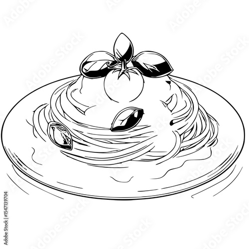 Spaghetti with basil, isolated on white background