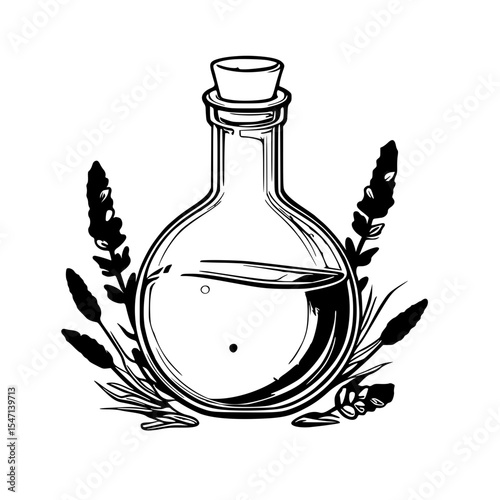 Lavender oil in a bottle, isolated on white background