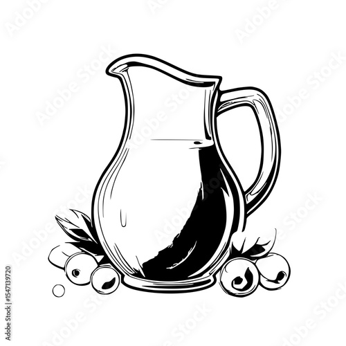 Glass pitcher of juice with berries isolated on white background