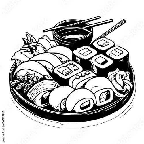 Sushi platter with chopsticks and sauce
