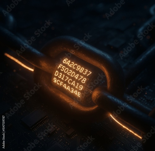 Macro Blockchain Link with Glowing Data Hashes and Circuit Background, Cybersecurity and Data Encryption Concept in 4K