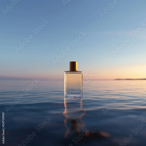 Blank perfume bottle mockup on the surface of calm water with a beautiful, clear sunset sky. Perfect for beauty and fragrance branding