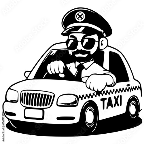 Taxi driver in his car on white