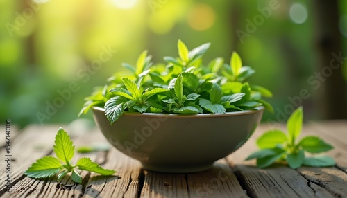 Fresh stevia green leaves in bowl on wooden table nature background