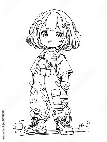 Cute girl in overalls, isolated on white background
