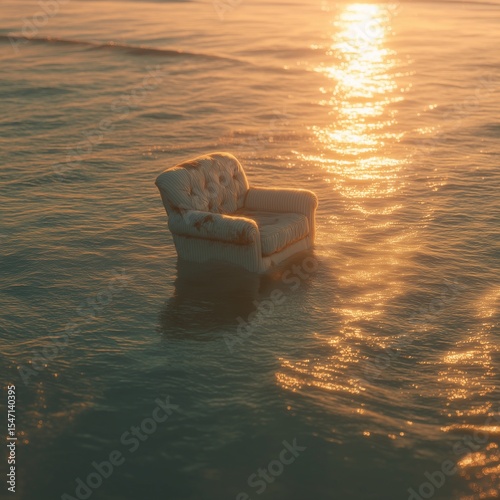 A surreal and dreamlike image of a vintage tufted armchair floating in the ocean during a beautiful golden hour sunset. Conceptual and artistic
