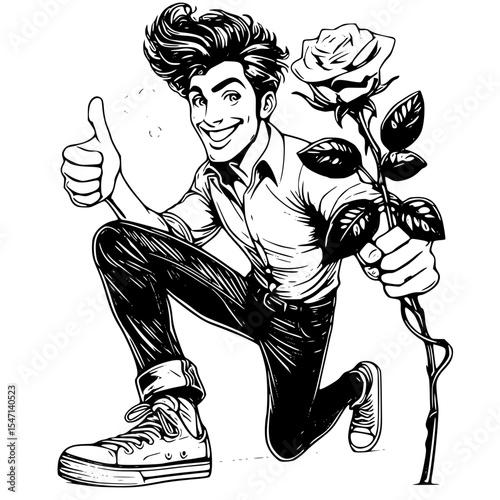 Happy man gives rose, thumbs up, isolated