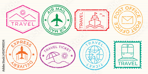 Colorful travel stamps featuring travel icons like planes, boats, and postcards. Travel-themed designs in vibrant colors, perfect for travel enthusiasts. Colorful travel stamps, vector set.