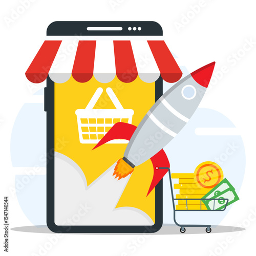E-commerce booster strategy concept. Rocket launch from online store with shopping cart filling stack of coins and dollar money. 