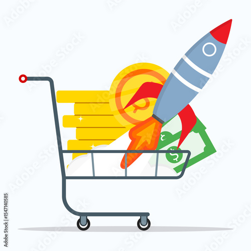 Sales booster strategy concept. Rocket launch with shopping cart filling stack of coins and dollar money.