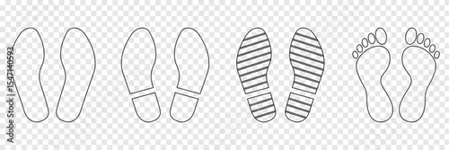 Human footprints icon set. Different human footprints. Human walking footprints shoes and shoe sole. Kids feet and Human foot steps Fun vector footsteps icon or sign for print. Eps 10.