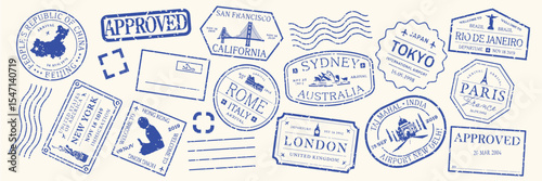 Colorful travel stamps featuring travel icons like planes, boats, and postcards. Travel-themed designs in vibrant colors, perfect for travel enthusiasts. Colorful travel stamps, vector set.