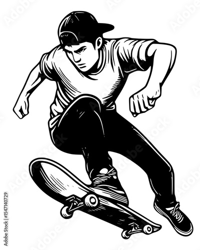 Skater performing a trick, isolated on white background