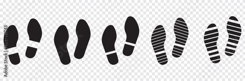 Human footprints icon set. Different human footprints. Human walking footprints shoes and shoe sole. Kids feet and Human foot steps Fun vector footsteps icon or sign for print. Eps 10.