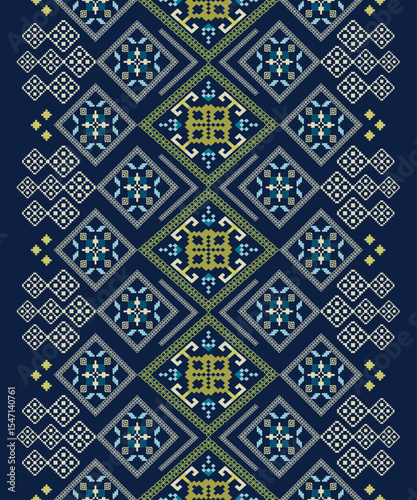 Tribal diamond weaving pattern.Ethnic blue green embroidery design.Lanna inspired folk.