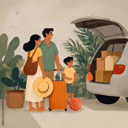 A family of three is getting ready to go on a trip. They are standing in front of a car with their luggage. Scene is cheerful and excited, as the family is looking forward to their vacation