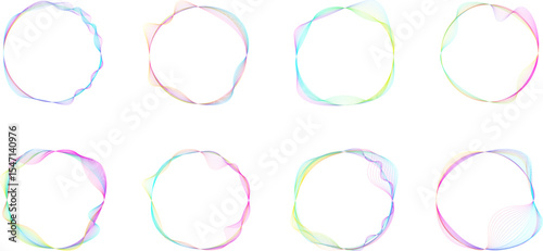 Set of colorful abstract wave circle. Glowing neon color circles round curve shape with dynamic wavy lines isolated on transparent background