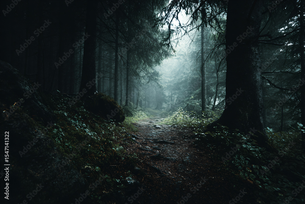 Fototapeta premium a path in the woods with a foggy sky