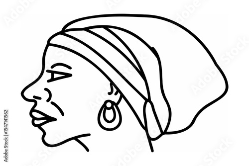 Black and White Line Drawing Woman Headscarf Profile