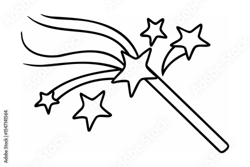 Black Line Drawing Magic Wand Stars Swirling white
