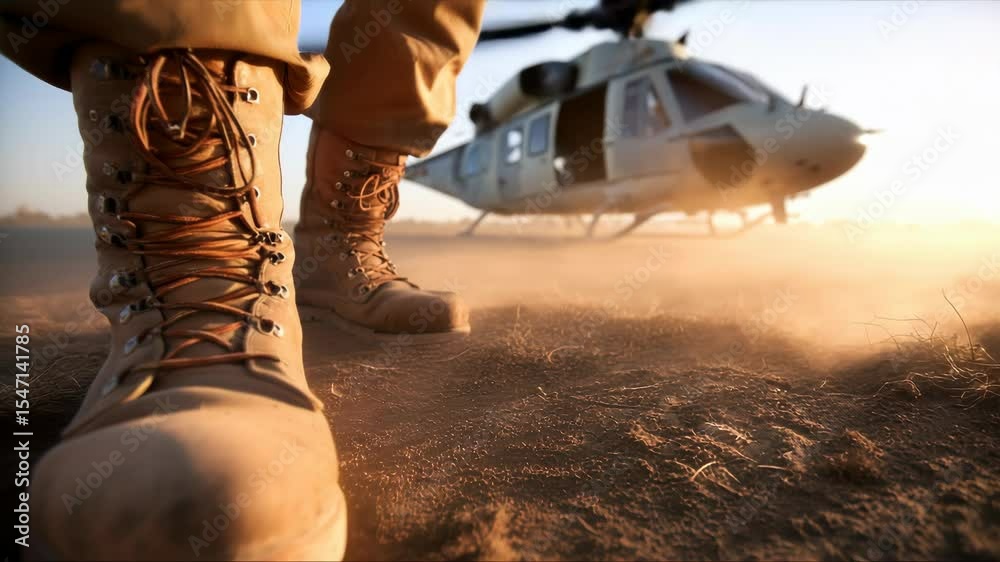 Military boots on dusty ground near helicopter during sunset in remote location