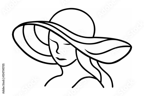 Woman Wearing Large Brimmed Hat Line Art Illustration