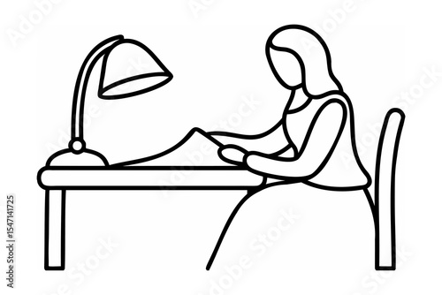 Woman Sitting at Desk Working Under Desk Lamp Line Art