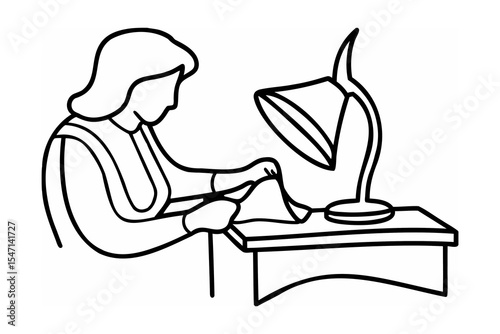 Woman Sewing at Desk with Lamp Line Art Illustration