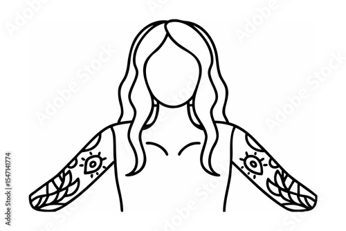Woman with Long Hair and Ornate Arm Tattoos Line Art