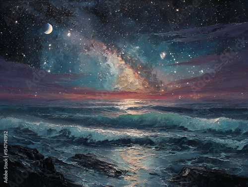 Ocean Waves Under Starry Night Sky With Crescent Moon Painting
