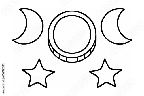 Triple Moon Goddess Symbol with Stars Outline Drawing