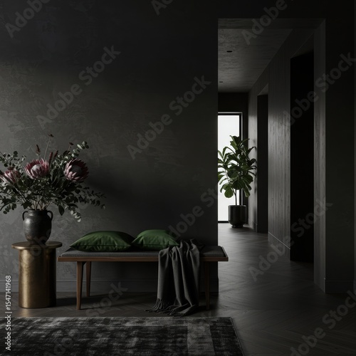 Dark Moody Interior with a Textured Black Wall Mockup, Bench, and Gold Accents