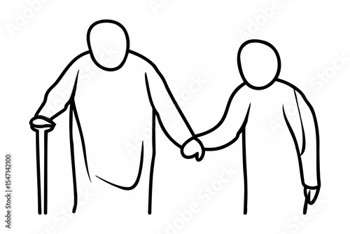 Line drawing elderly person assisted by caregiver walking cane