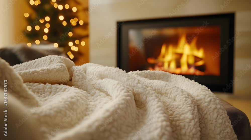 Obraz premium Cozy, Blanket, Fireplace, Cozy White Blanket by Fireplace and Christmas Tree