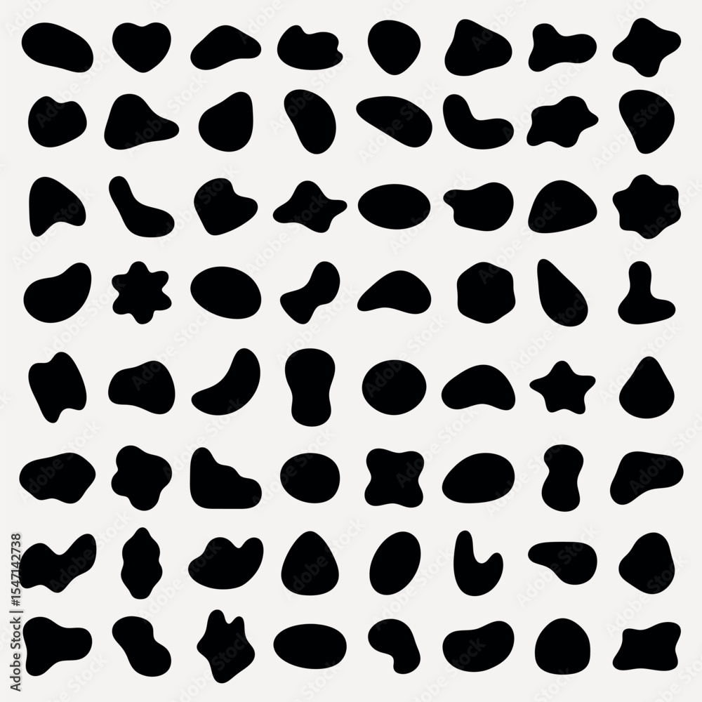 Fototapeta premium Abstract black shapes on a white background. Organic, irregular forms. Various blob-like, fluid shapes. Artistic, abstract design with unique shapes. Black shape vector set.
