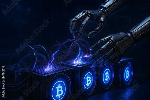 Futuristic Robot Hands Managing Glowing Bitcoin Mining Rigs with Electric Sparks, AI, Blockchain, Cryptocurrency Technology Concept in Sci Fi Lab