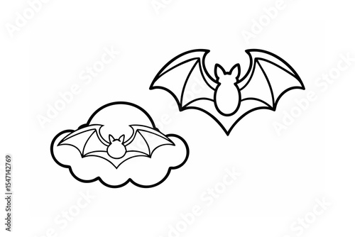 Two Black Line Drawings of Bats One Inside a Cloud Shape