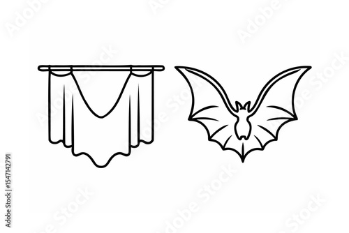 Hanging Drape and Bat Line Art Black White Illustration