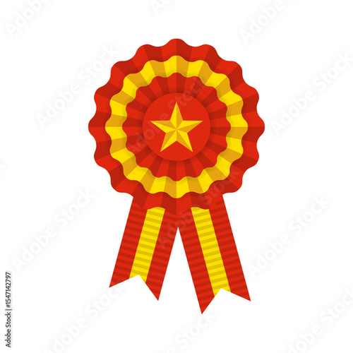 red yellow rosette, chinese or vietnamese national flag colors award, winner medal with ribbons vector template, independence day bow