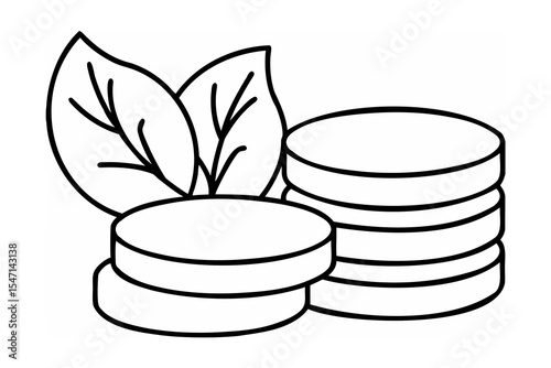 Black and White Line Drawing of Stacked Discs and Leaves