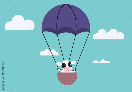  A calf flying in a hot air balloon – minimalist vector art. 