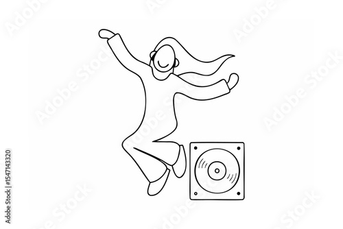 Line Drawing Happy Person Dancing Headphones Vinyl Record Player