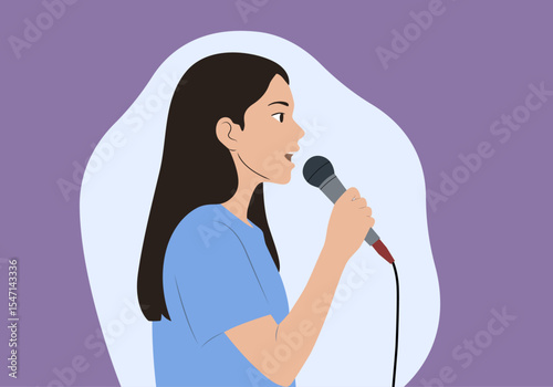 A girl singing into a speaker – minimalist vector art. 