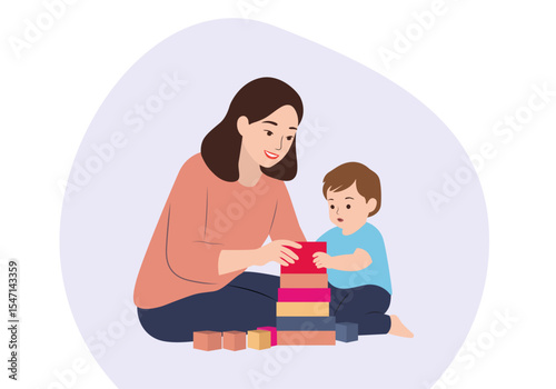 A mother building something with her child using toys minimalist vector art