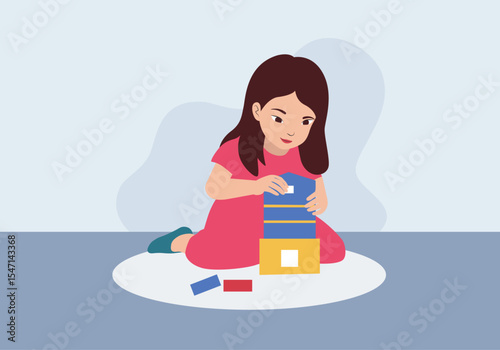A child sitting and playing with building blocks – minimalist vector art.