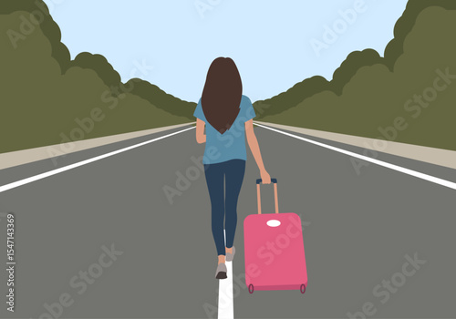 A girl walking down the road with a suitcase – minimalist vector art. 