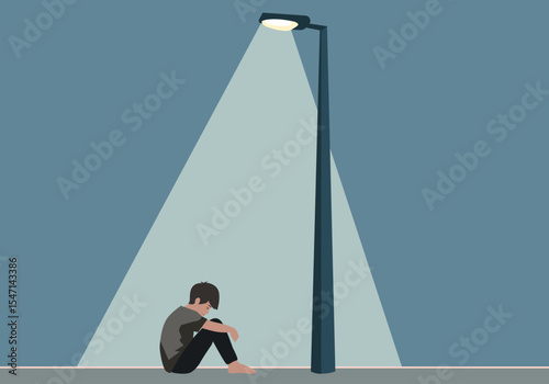 A sad boy sitting under a street lamp at night – minimalist vector art.