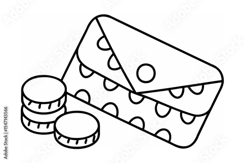 Black and White Line Drawing of Wallet and Coins money