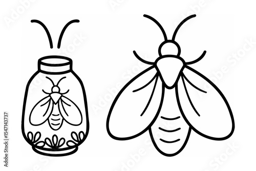 Black Line Art Moth in Jar and Free Flying Moth Illustration